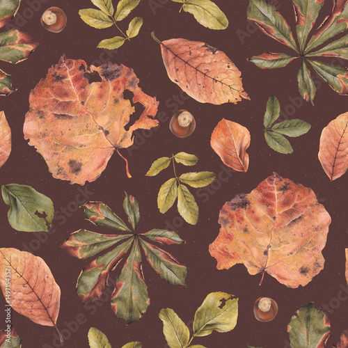 Elegant hand drawn pattern design with illustrations of fallen leaves. Perfect for home textile, wallpapers, fabrics, apparel, packaging design, stationery and other printed goods