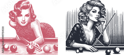 Vintage Engraving Style Illustration of a Glamorous Woman Playing Pool – Retro Woodcut Design Depicting Elegant Female Billiards Player in Classic Fashion Pose