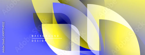 Abstract geometric shapes overlap. Blue, yellow hues create modern design. Gradient transitions add depth, visual interest. Minimal text present.