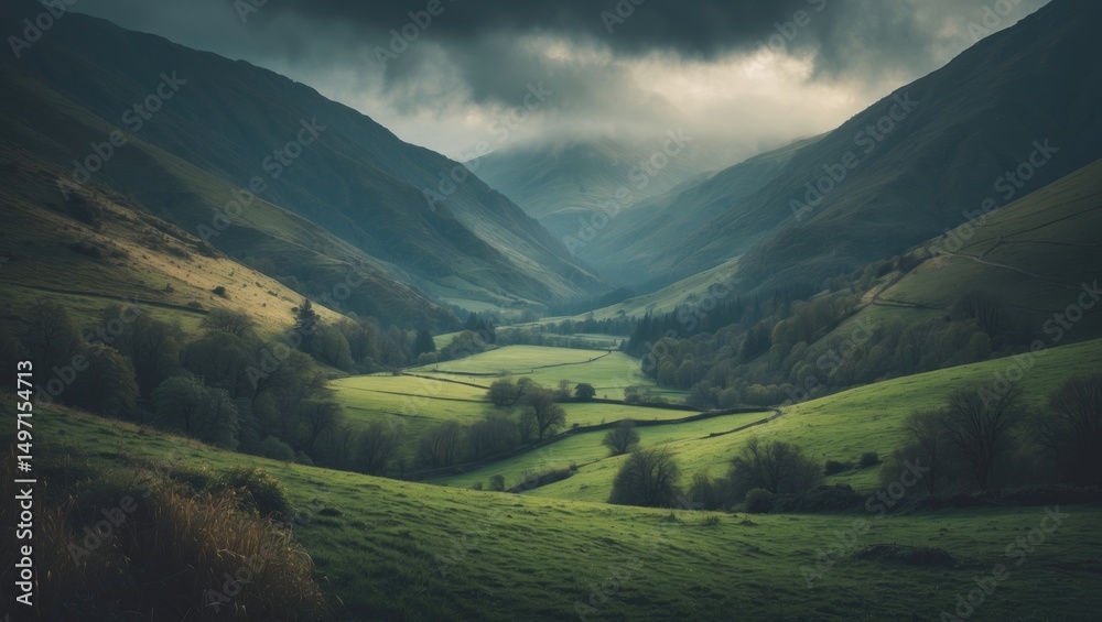 Fototapeta premium Green valley landscape with mountains and cloudy sky. Nature and scenery, peaceful environment. Rural countryside setting with lush greenery and rolling hills.