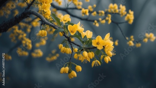 Yellow flowers on a branch during spring season with a blurred background. Botanical and nature photography. The beauty and freshness of blooming flowers. photo