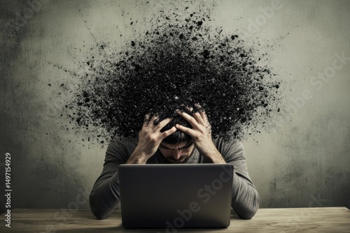 Man with Frustrated Expression and Exploding Thoughts Behind Laptop. photo