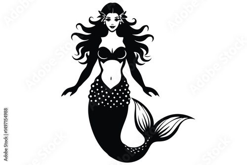 Vector illustration of a mermaid or a girl with a tattoo, showcasing beauty, floral design, and the silhouette of a woman