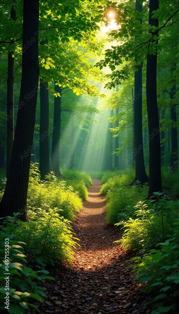 Obraz premium A breathtakingly beautiful trail winds through a vibrant forest, sunlight dappling the leaves and illuminating the path ahead Perfect for hiking, nature, and travel imagery , hiking trail, getaway