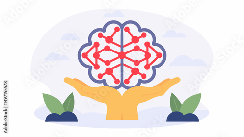 Illustration of a brain with network connections held by hands with plants on either side on a white background