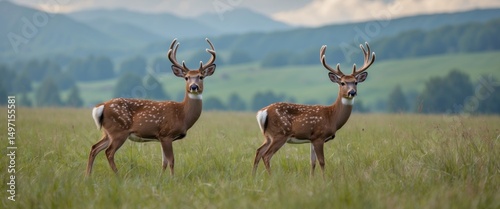 Two deer with antlers standing in a grassy field with rolling hills in the background.