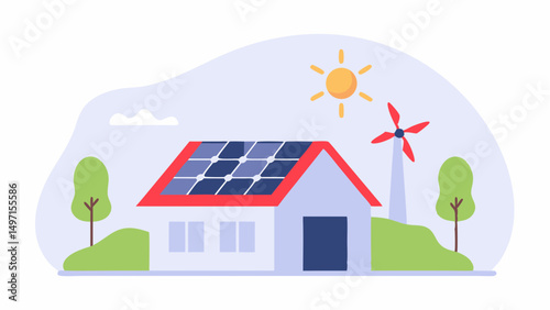 Illustration of a house with solar panels on the roof and a wind turbine, sun, and trees in the background