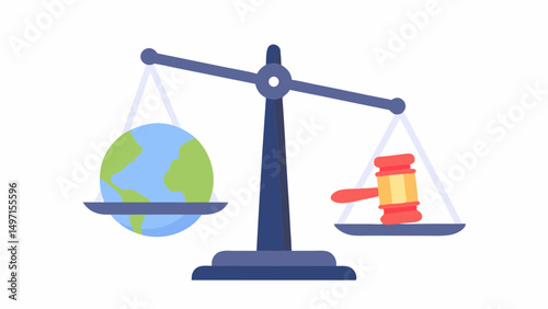 Illustration of scales of justice balancing the earth globe against a gavel on a white background