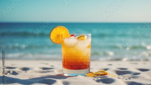 A refreshing drink with lemon slices on a sandy beach during daytime, with the ocean in the background.