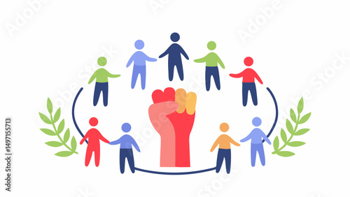 Illustration of a raised fist surrounded by people holding hands and olive branches in a circular design