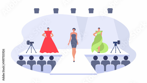 Fashion show with models wearing dresses on a runway with cameras and audience under spotlights event