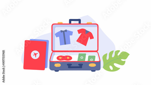 Illustration of an open suitcase with clothes, money, passport and a tropical leaf ready for travel