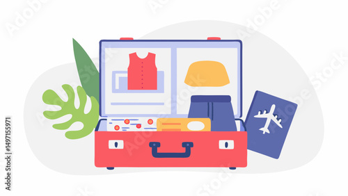 Illustration of an open red suitcase packed with clothes and a passport on a white background design