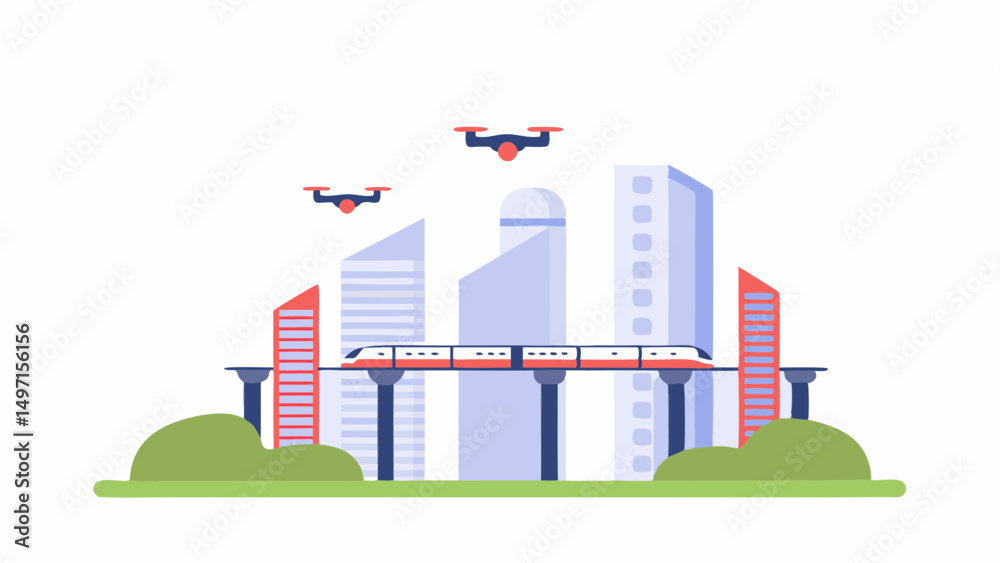 Obraz premium Illustration of a modern city skyline with a train on an elevated track and flying drones above it all
