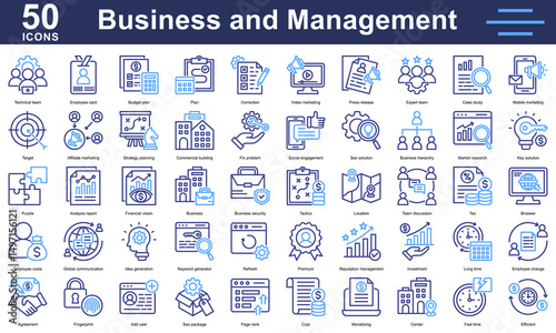 Business and management 50 icons two color style featuring strategy, marketing, SEO, teamwork, investment, analytics and planning. Ideal for corporate use.