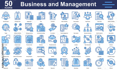 Business and management 50 icons blue style featuring strategy, marketing, SEO, teamwork, investment, analytics and planning. Ideal for corporate use.