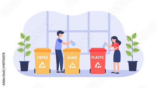 People sorting waste into color coded bins for paper glass and plastic recycling in an indoor setting