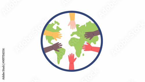 Diverse hands reaching towards a green earth globe encircled by a blue ring on a white background