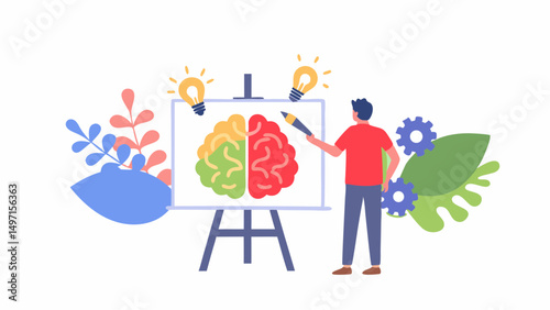Man drawing a brain on a canvas with lightbulbs and gears surrounded by plants and leaves art