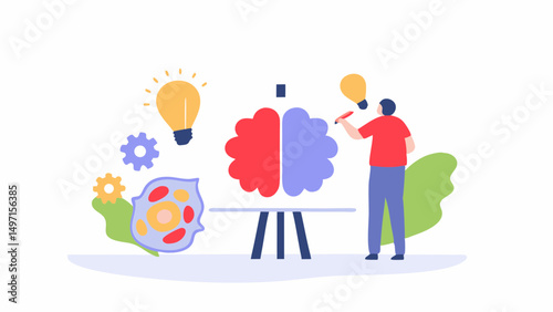 Illustration of a person painting a brain on an easel with lightbulbs and gears around them nicely done