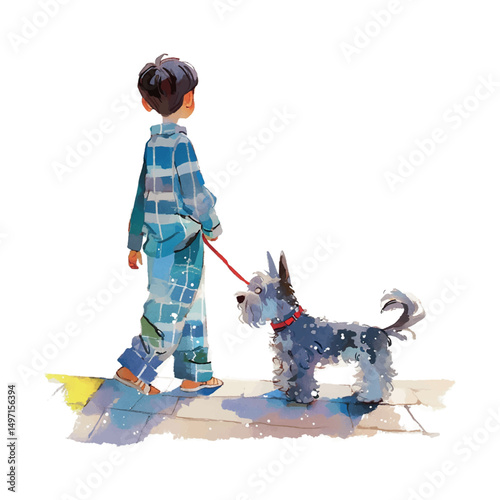 Boy walks a dog on a sunny day in a vibrant neighborhood dressed in colorful pajamas and slippers