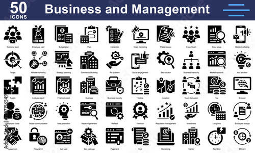 Business and management 50 icons glyph style featuring strategy, marketing, SEO, teamwork, investment, analytics and planning. Ideal for corporate use.