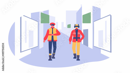 Two people wearing vr headsets walking down a street with buildings and art displays on either side of them