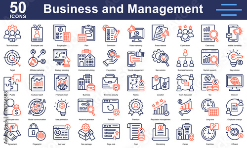 Business and management 50 icons line dual tone style featuring strategy, marketing, SEO, teamwork, investment, analytics and planning. Ideal for corporate use.