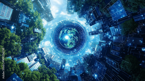 Creative design idea concept - 360 degree panorama circle panoramic modern city skyline aerial view under blue sky, Abstract blue fractal technology background with glowing digital circle pattern.