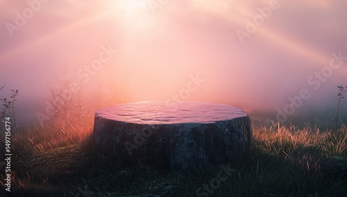 Sunrise Stone Platform with Misty Field.