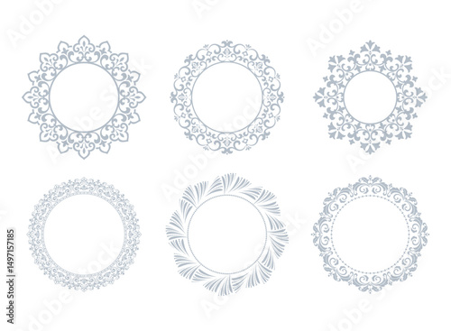 Set of decorative frames Elegant vector element for design in Eastern style, place for text. Floral gray and white borders. Lace illustration for invitations and greeting cards