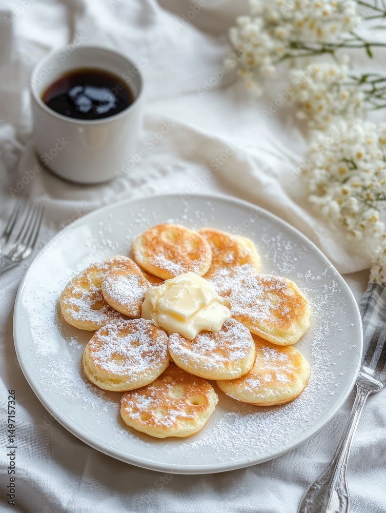 Poffertjes with Butter and Powdered Sugar. White Plate, Soft Natural Light Poffertjes with Butter and Powdered Sugar. White Plate, Soft Natural Light