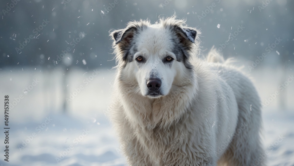 Naklejka premium A dog in a snowy landscape with snowflakes falling, outdoor scene, furry pet, winter environment.