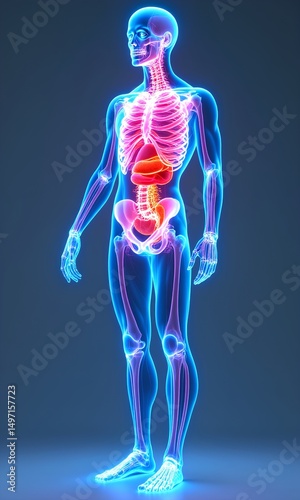 Human Skeleton and Internal Organs in Neon Illustration View