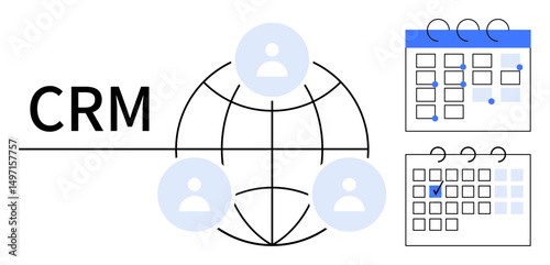 CRM with interconnected user profiles around a globe and two calendars tracking tasks and schedules. Ideal for teamwork, planning, business, productivity, networking, customer relationship, flat