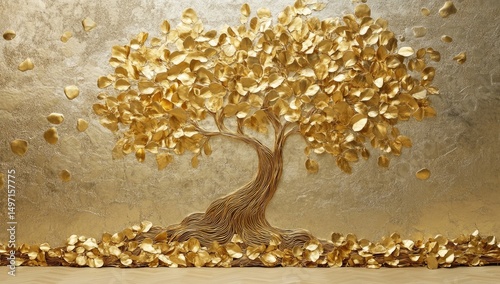 Gold leaf tree artwork on textured wall