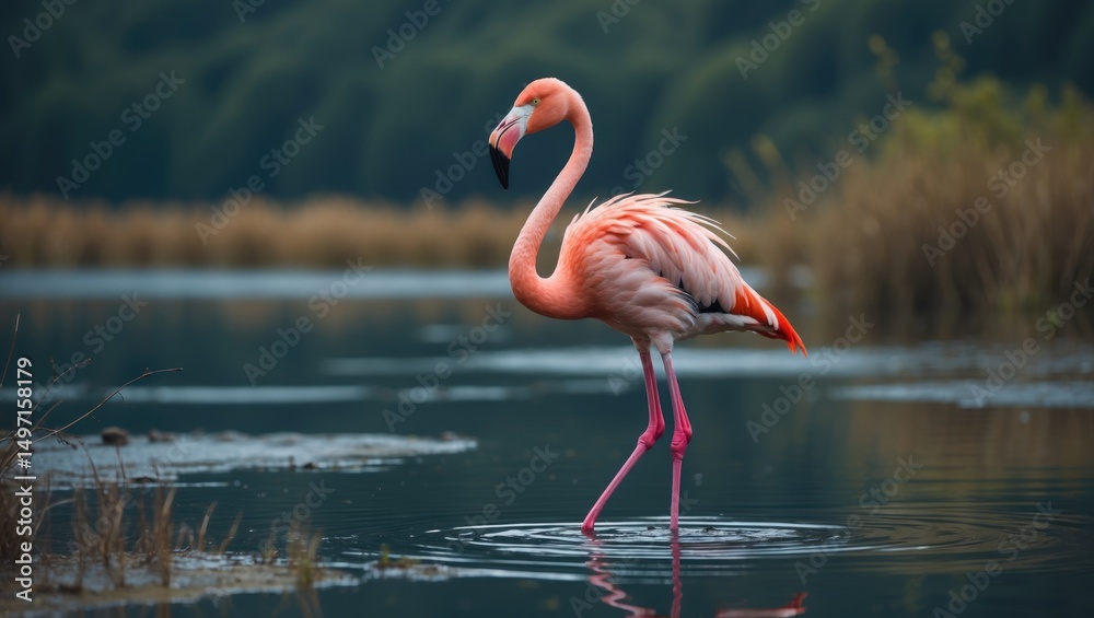 Obraz premium Flamingo standing in water with reeds and trees in the background