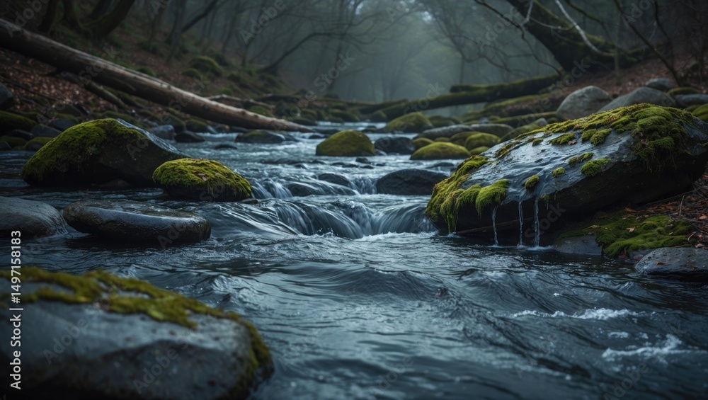 Fototapeta premium Moss-covered rocks in a flowing stream within a foggy forest setting. Nature and wilderness scene. Tranquil water and forest environment. The picture of a peaceful woodland river.