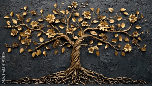Ornate gold tree of life on dark stone
