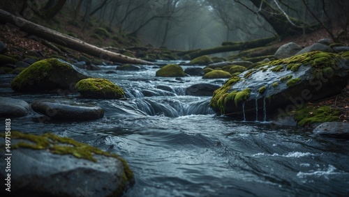 Moss-covered rocks in a flowing stream within a foggy forest setting. Nature and wilderness scene. Tranquil water and forest environment. The picture of a peaceful woodland river. photo