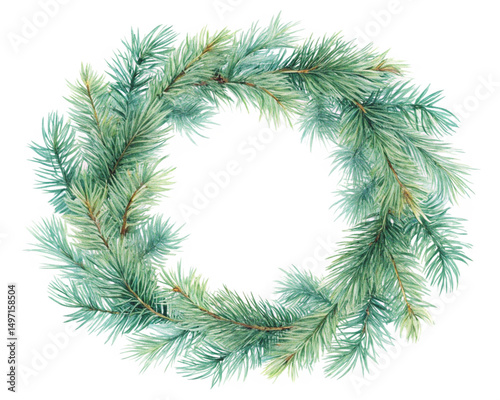 watercolor lush round pine tree branches wreath illustration christmas wreath isolated on white background.