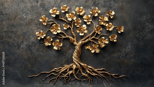 Ornate gold tree of life on dark textured background