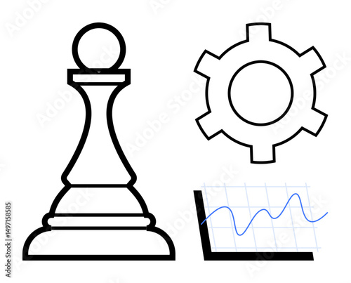 Chess pawn symbolizing strategy, gear for process optimization, and line graph for performance tracking. Ideal for business strategy, growth, planning, innovation, decision-making, leadership simple