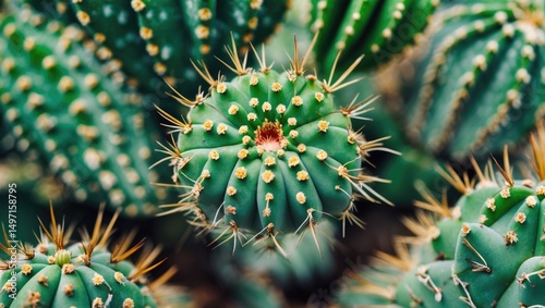 Close-up of a cactus with spines and a small flower at the top, surrounded by other cacti. photo