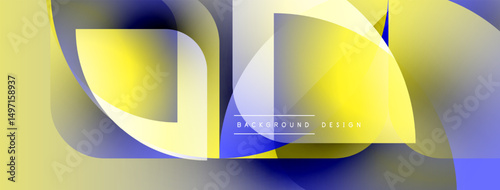 Abstract shapes overlap, creating dynamic composition. Yellows, blues, whites blend, forming modern design element. Smooth gradients enhance visual appeal.