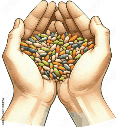 A watercolor vector of hands holding grains