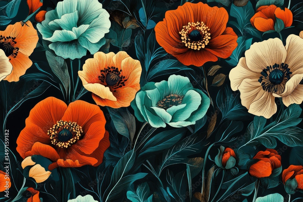 custom made wallpaper toronto digitalVibrant floral pattern with a mix of  red, orange, teal, and cream anemone flowers, dark background, detailed leaves and stems