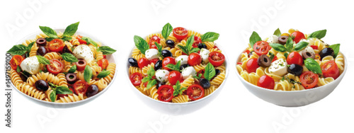 Three bowls of colorful pasta salad with tomatoes, olives, mozzarella, and fresh basil on a white background