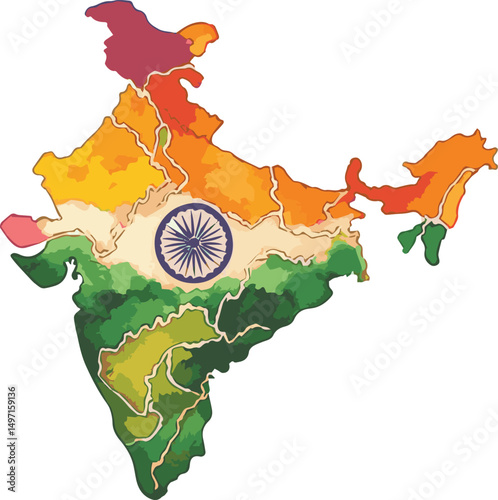 Vector watercolor painted illustration of map of India