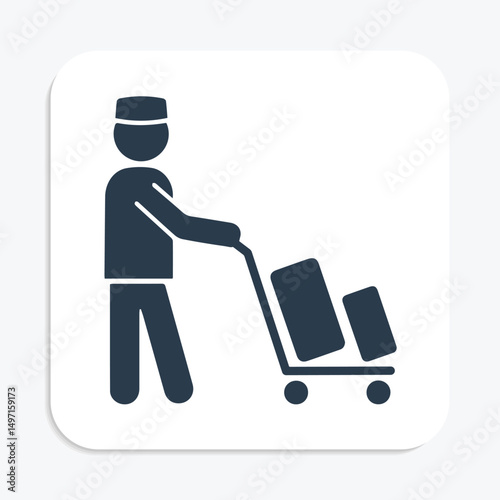 Bellhop Icon with Luggage Trolley – Hotel Porter Service Flat Glyph Symbol